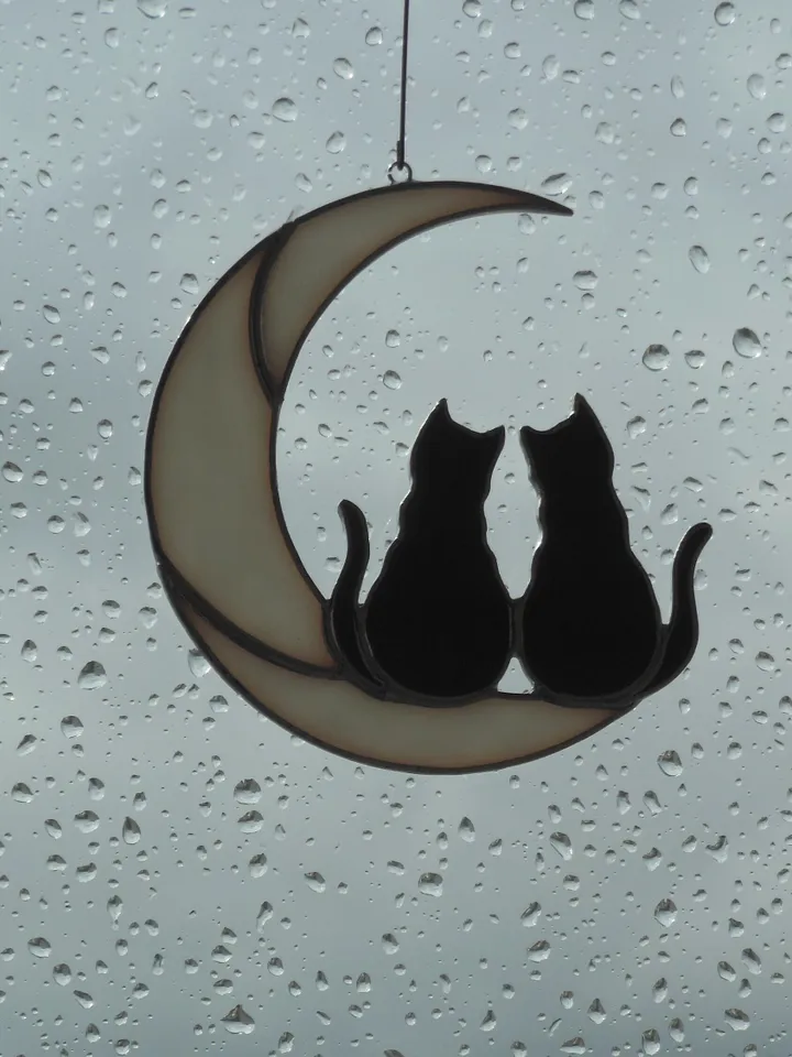 Two Black Cats On The Moon . Stained glass window hanging Suncatcher . Gift for animal lover , pet loss memorial 2