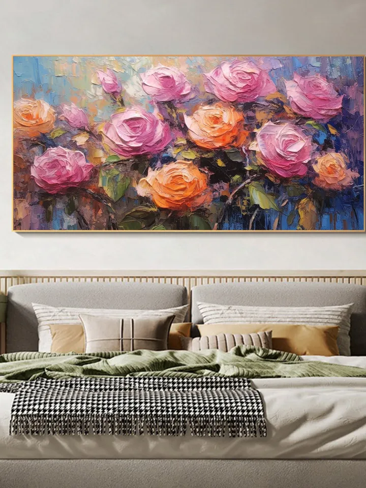 Original Colorful Flowers Oil Painting On Canvas, Abstract Roses Painting, Boho Wall Décor, Large Wall Art, Custom Painting, Home Decor