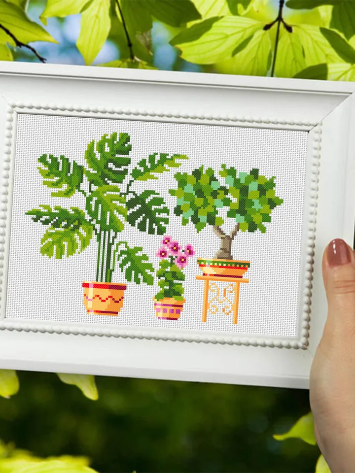 Potted house plants cross stitch pattern download PDF Floral cross stitch sampler, Monstera plant embroidery PDF, Plant lover gift #P11