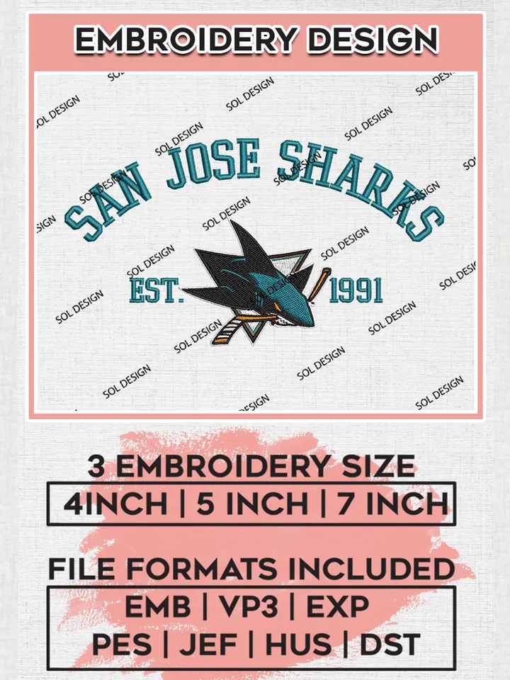 NHL San Jose Sharks Est 1991 Embroidery Files, NHL San Jose Sharks Machine Embroidery Designs, NHL Embroidery Designs, NHL Machine Embroidery Designs, Digital Download
