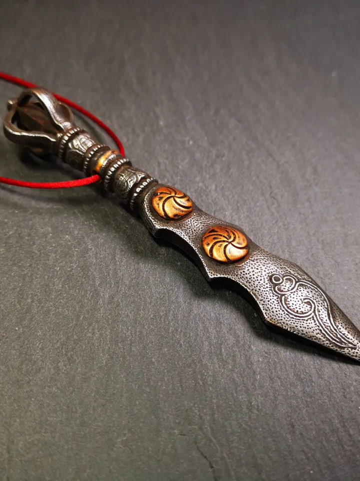 Gandhanra Handmade Tibetan Buddhist Ritual Implement - Kila -Dorje Phurba,Manjusri Sword,Made of Cold Iron inlaid with Copper,5.1"