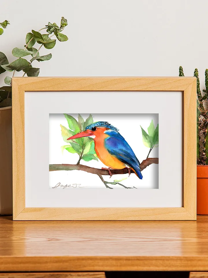Kingfisher original watercolor, birds painting, handmade wall decor, 5x7 in art for bird lovers by Anne Gorywine