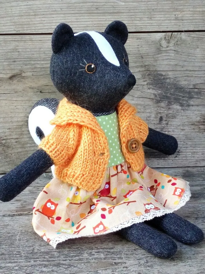 Black skunk girl, stuffed wool plush toy, handmade skunk fabric doll