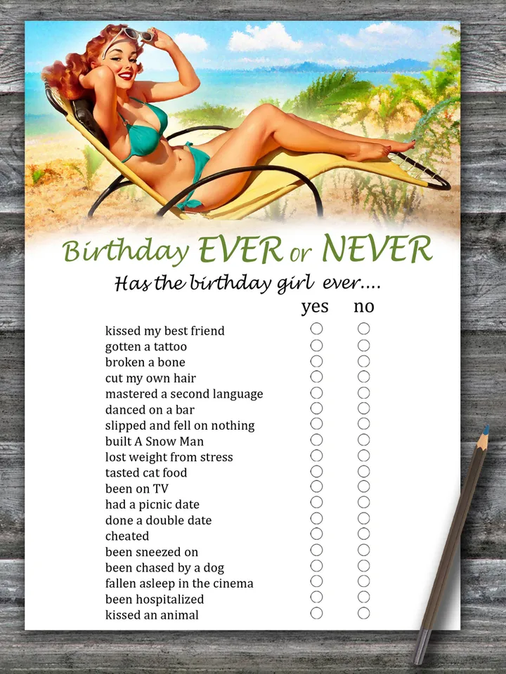Pin up Birthday ever or never game,Adult Birthday party game printable-fun games for her-Instant download
