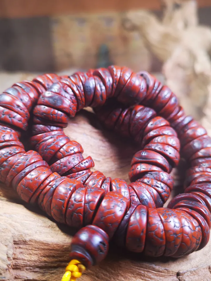 Gandhanra Antique 108 Bodhi Bead Mala,Old Prayer Beads Necklace,Miter Cut 15mm