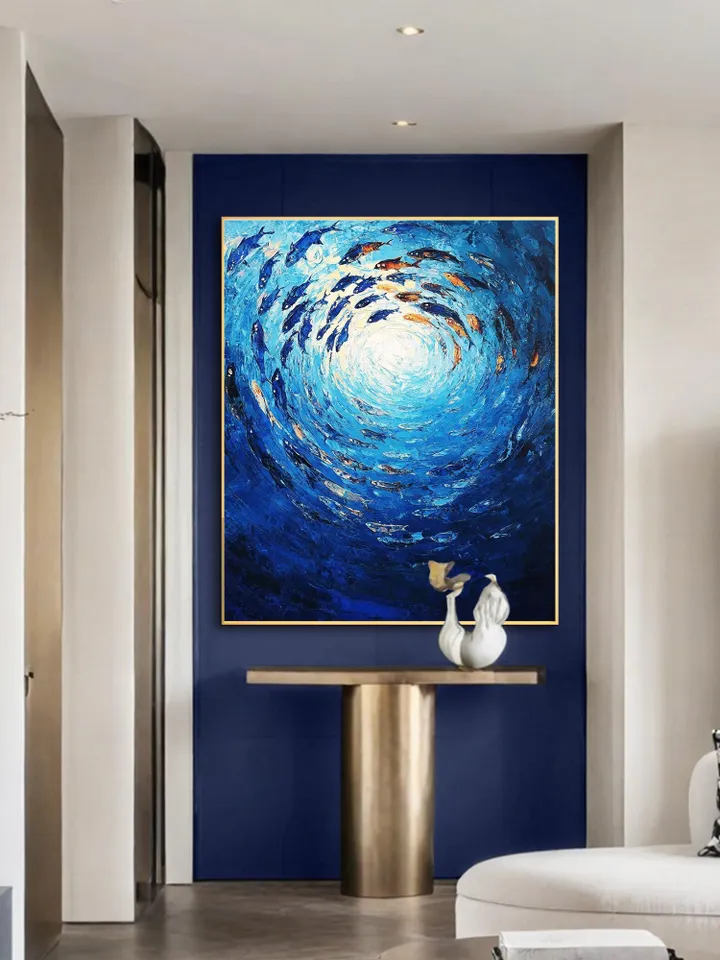 Ocean Painting, School of Fish Art, Impasto Fish Artwork, Blue Ocean Art, Underwater Scene, Textured Wall Art, Original Painting, Home Decor