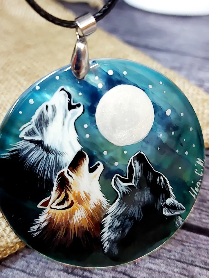 Pearl pendant necklace: The hunting pack of Wolves is howling on the moon • unique handmade jewelry • statement aesthetic necklace for dress