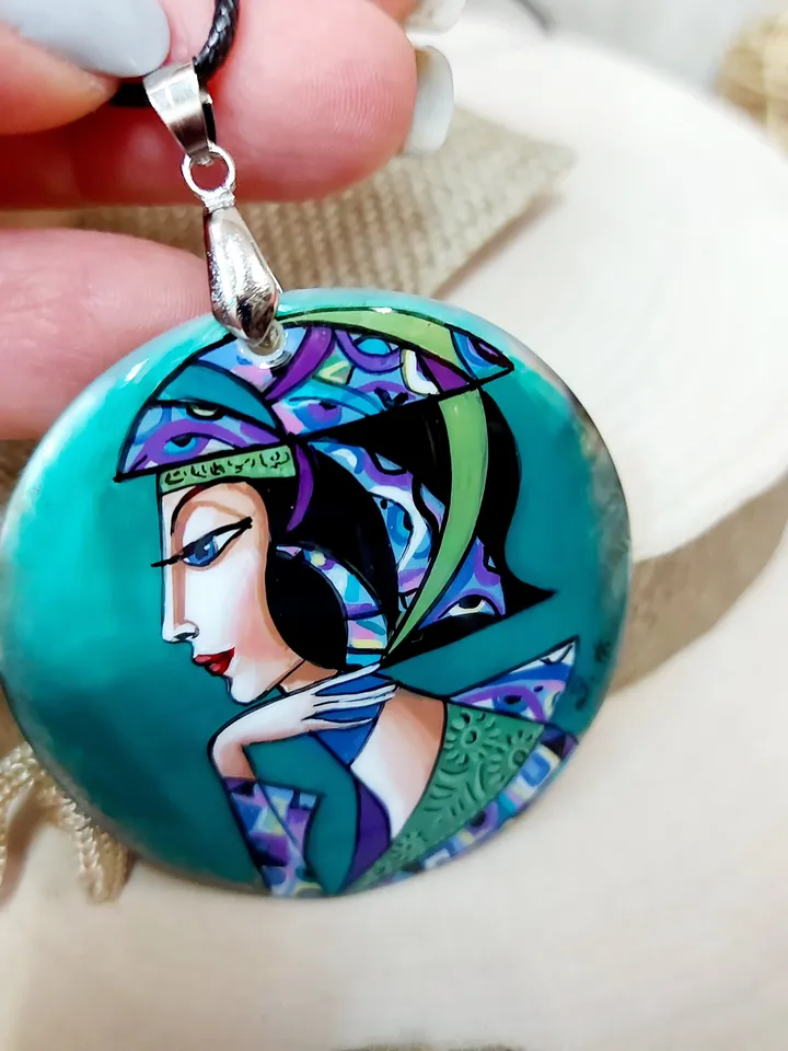 Pendant "In purple tones 2" Mother-of-pearl Hand-painted Art gift Russian necklace, fine art jewelry Fedoskino