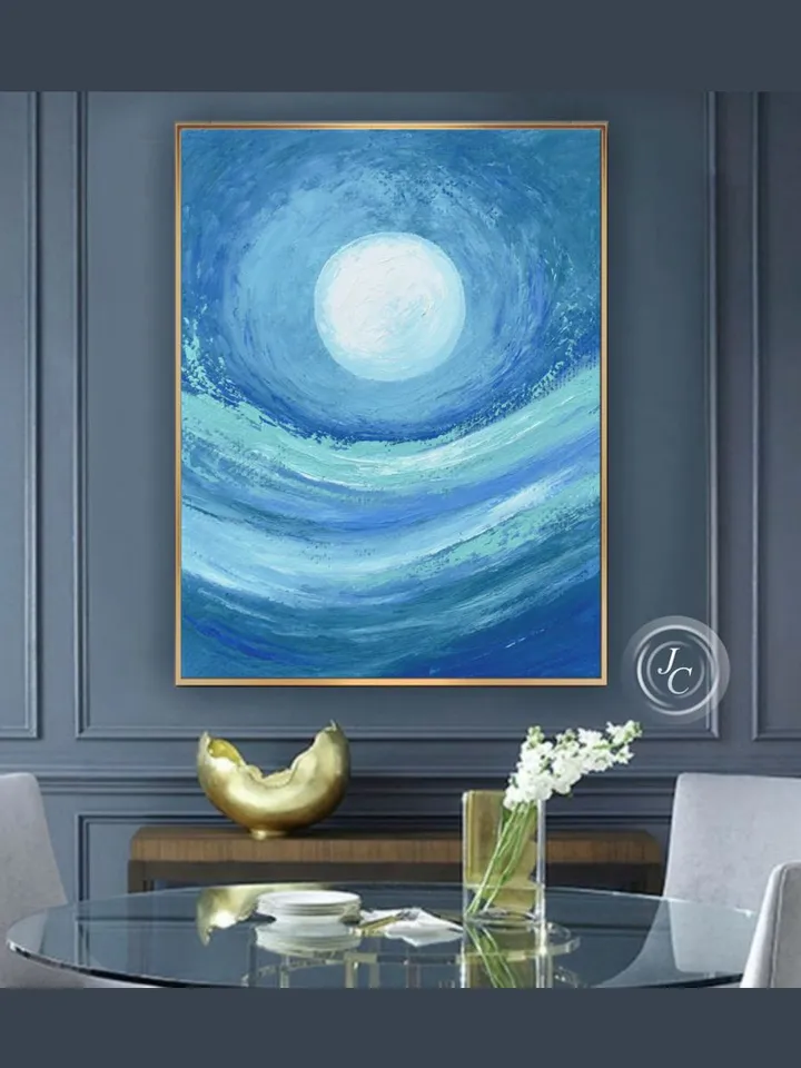 Moon Painting Blue Turquoise Abstract Wall Art on Canvas | Abstract Mountain landscape oil painting