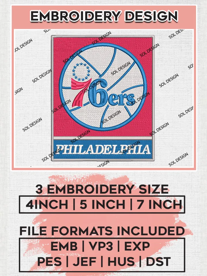 Philadelphia 76ers Logo Embroidery Designs, NBA Philadelphia 76ers Team Logo Embroidery Designs, Basketball Team Logo Embroidery Files, NBA Logo, 3 sizes, NBA Machine embroidery Design Files, Digital Download