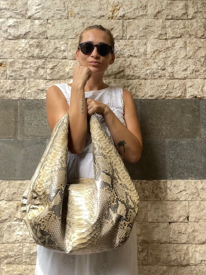 Big Soft Hobo Classy Sport Woman Bag | Purse Genuine Python Skin | Python Skin Products | Beige Big Elegant Leather Designer Soft Bag Snake