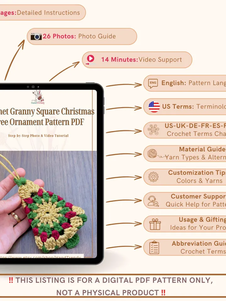 Crochet Granny Square Christmas Tree Ornament Pattern PDF, Vintage-Inspired Crochet Ornament Pattern for Holiday Decor