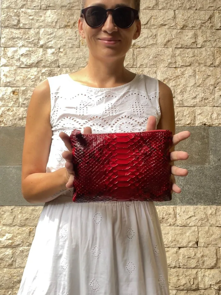 Genuine python skin red cosmetic bag/ Purse Insert Organizer/ Bag Insert For Tote Bag/ exotic leather wallet / small snake skin clutch