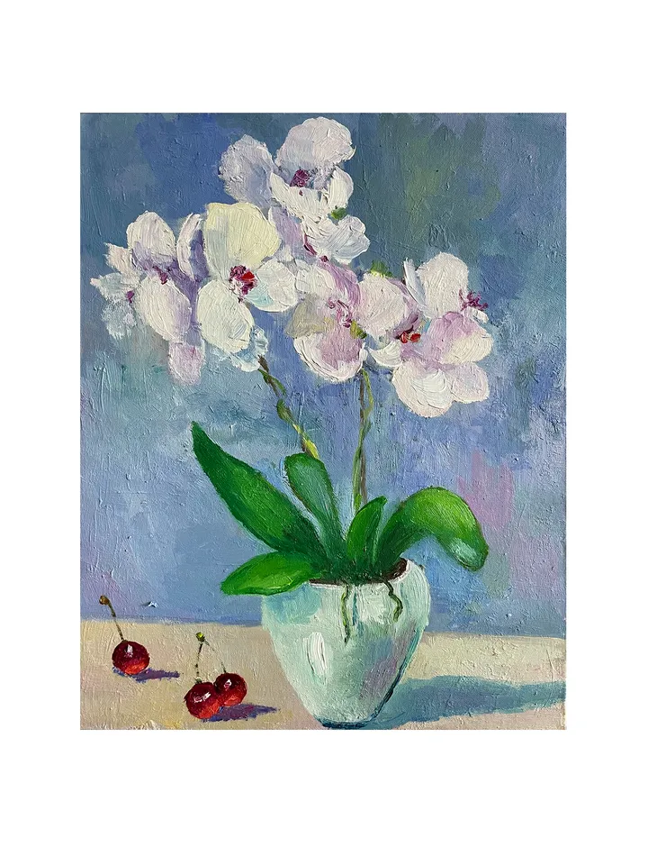 White Orchid Painting, Floral Wall Art, Original Flower Oil Painting