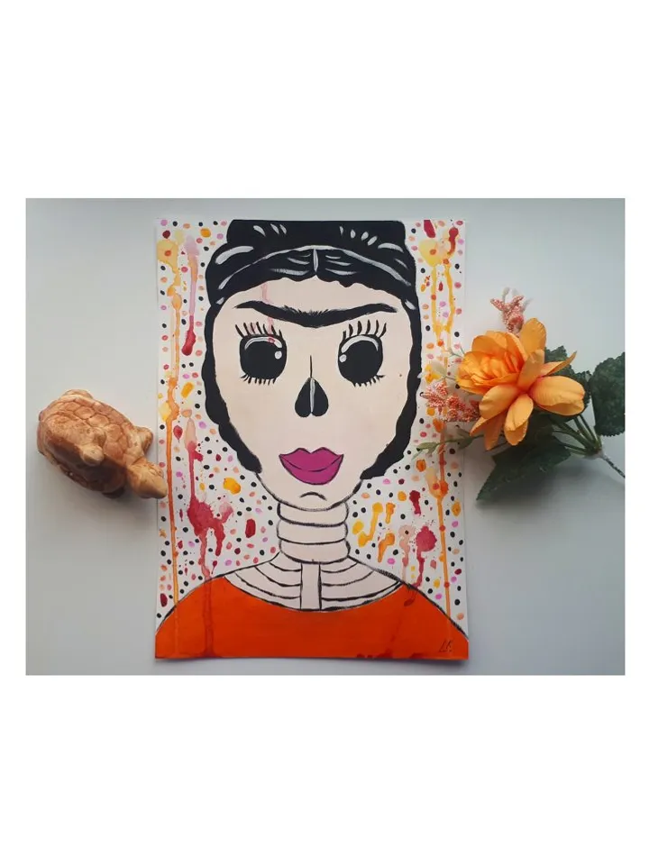 Frida Kahlo Day Of The Dead Original Art Outsider Painting Artwork
