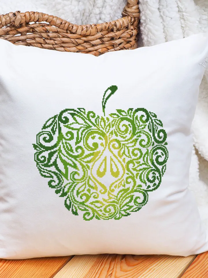 Green apple mandala cross stitch pattern PDF download Fruit cross stitch chart, Apple hand embroidery PDF, Vintage apple ornament #M210