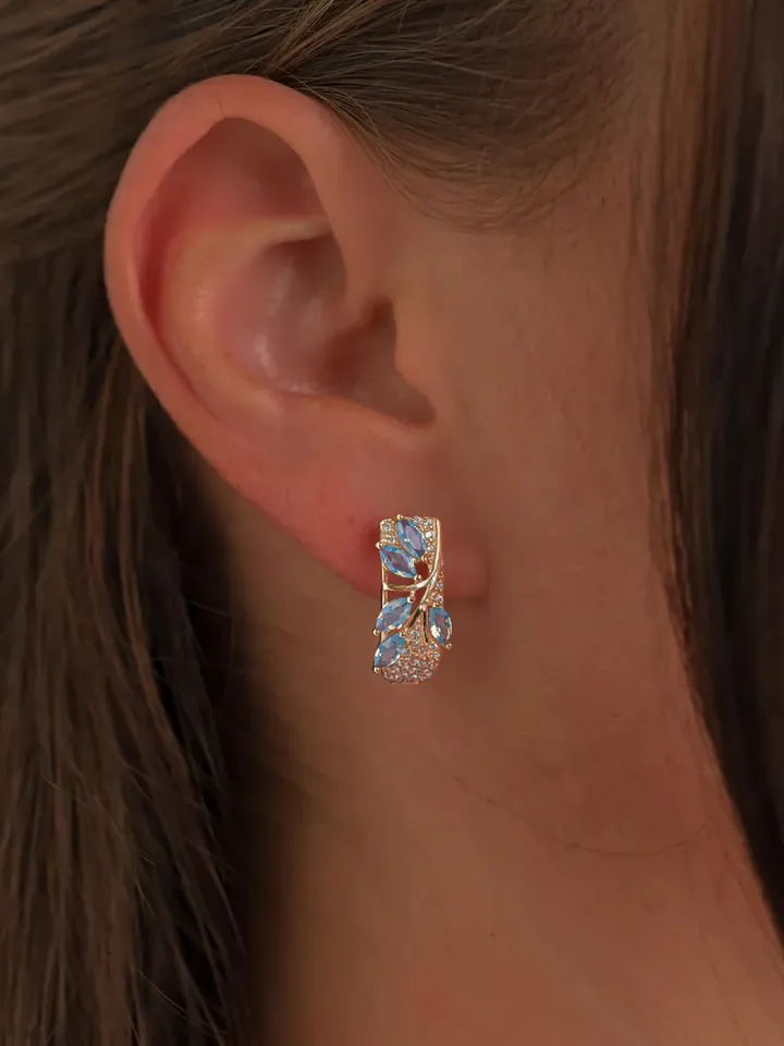 Twig-shaped earrings, 925 silver (585 gold coating), with blue agate and white cubic zirconia