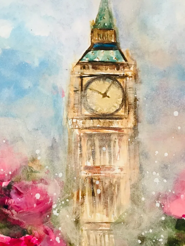 Big ben ,London painting ,original watercolour painting ,pink flowers painting,foggy landscape painting,wall art ,handmade home decoration