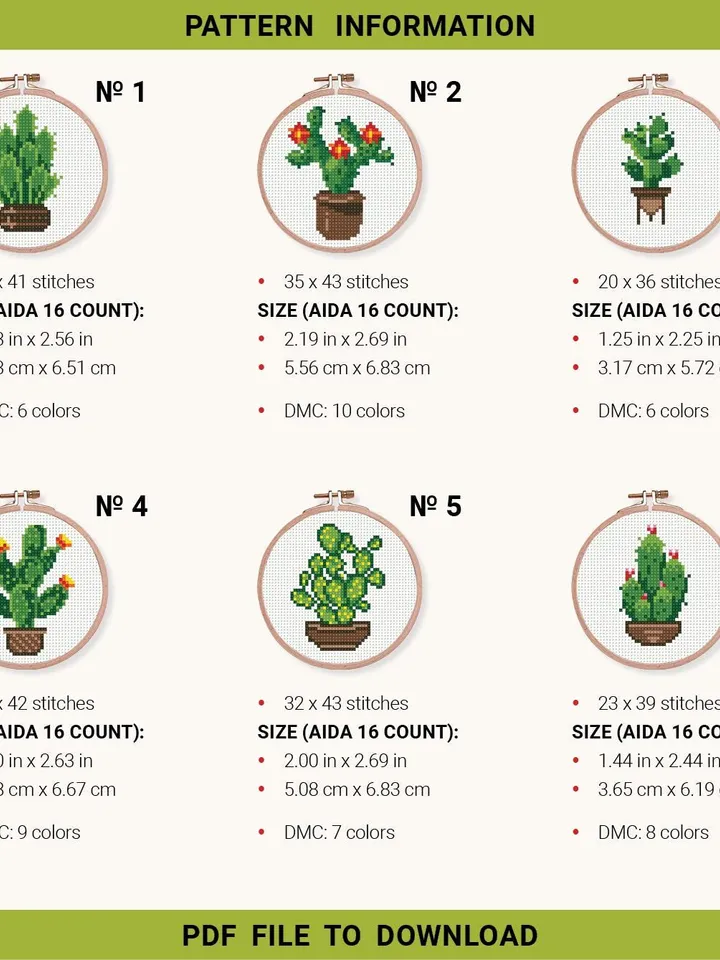 Bundle mini cactus 6 Cross stitch patterns, contemporary plant, Abstract, Floral, beginner, modern chart, gift DIY, embroidery, instant PDF