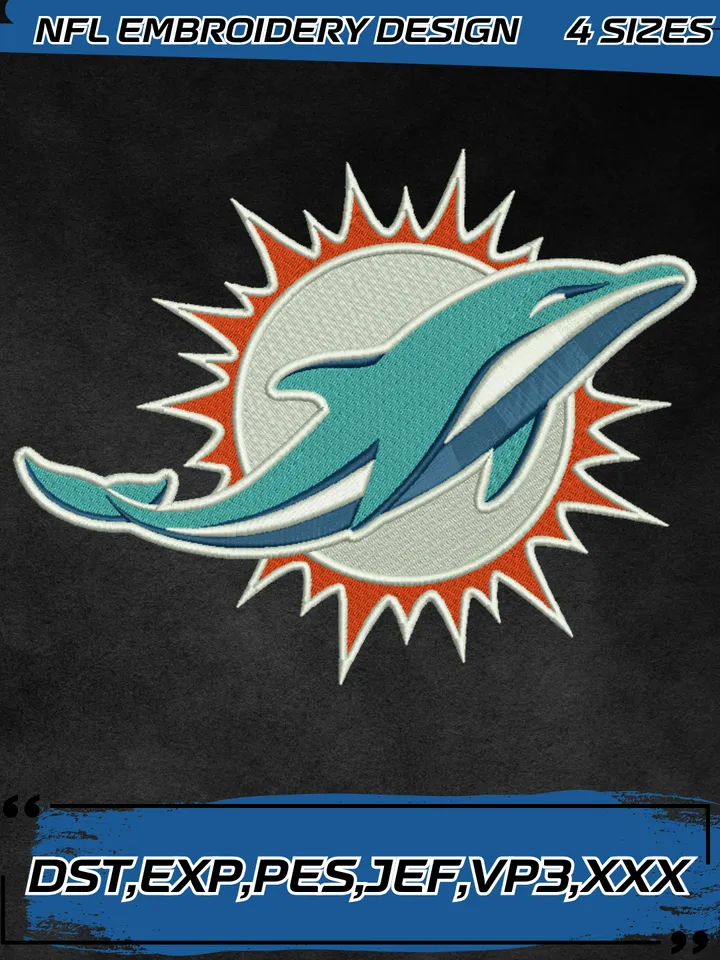 Miami Dolphins Logos Embroidery Design,NFL Logo Embroidery Design,Machine Embroidery Design File,4 Sizes, Digital Download