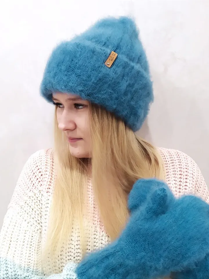 Warm blue fluffy hat and mittens