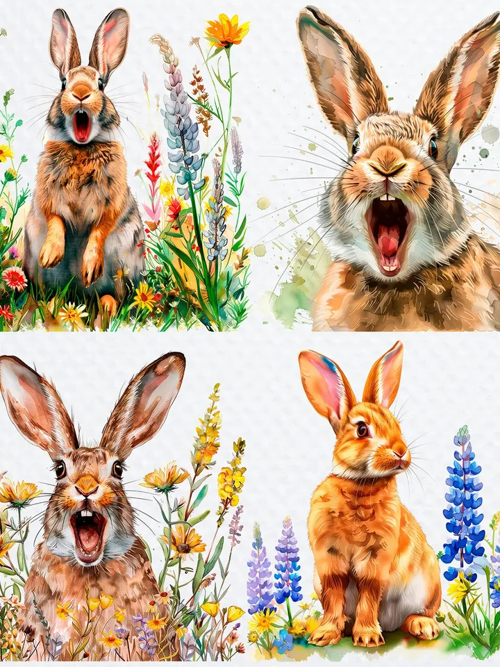 12 Surprised Rabbit PNGs Clipart, Amazed Hare png for sublimation, Printable Watercolor clipart, , Paper Rabbit crafts, junk journals