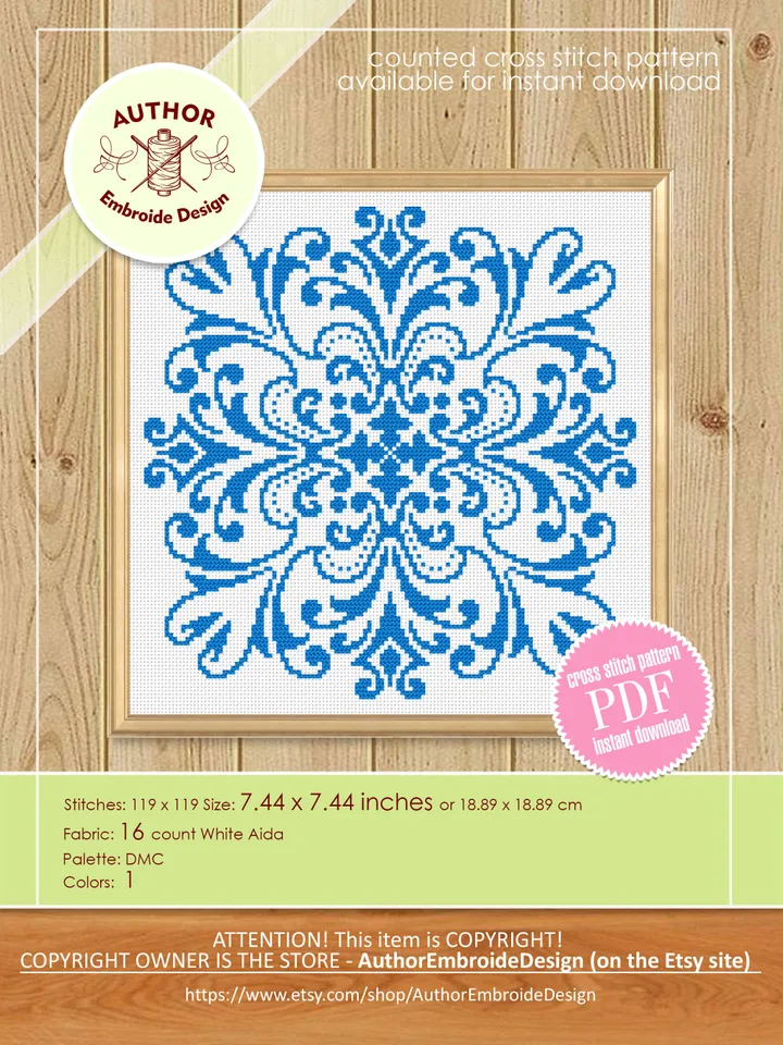 Blue mandala cross stitch pattern PDF download Square mandala pattern digital PDF, Simple cross stitch chart for beginner, Mandala art #M256
