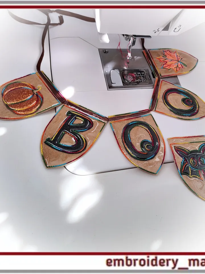 Set of In The Hoop designs pendants with ‘BOO’ maple leaf pumpkin bat embroidery Applique