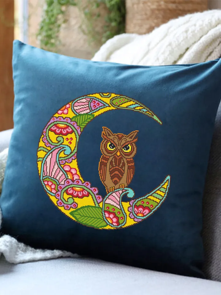 Crescent moon cross stitch pattern download PDF, Colorful mandala cross stitch, Mandala pattern digital PDF, Owl cross stitch chart #M98