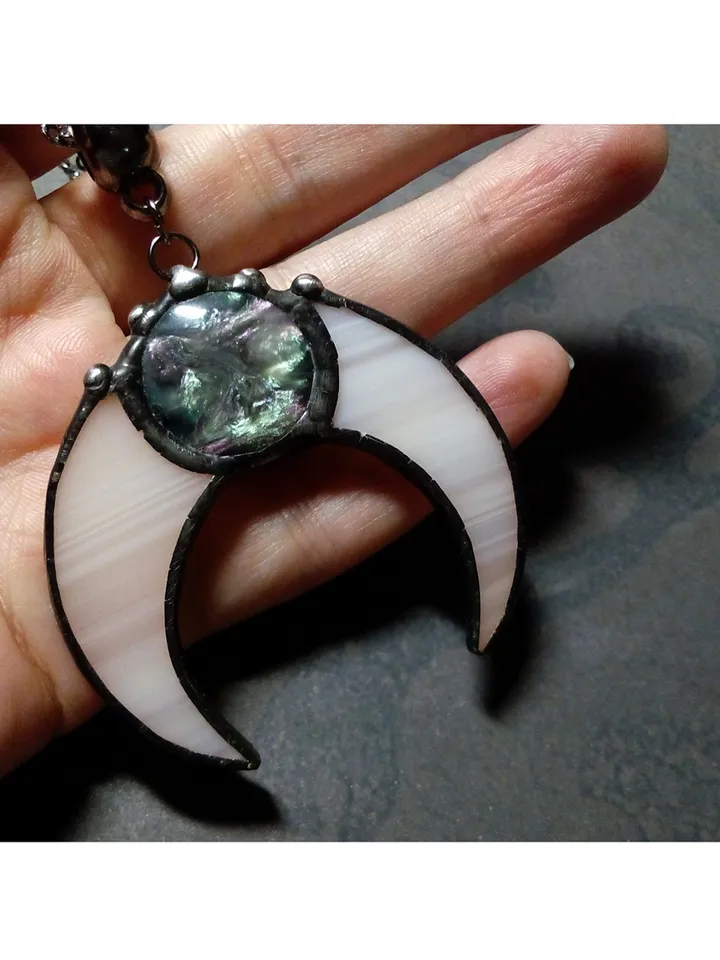 Stained glass moon, Moon crescent, witchy aesthetic, Moon phase necklace, Stainglass crescent