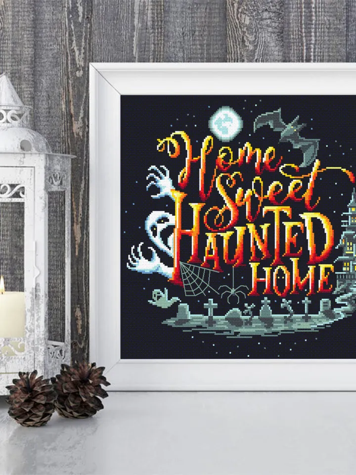 Halloween quotes cross stitch pattern download PDF, Horror cross stitch chart, Home sweet haunted home, Happy Halloween embroidery PDF #H37