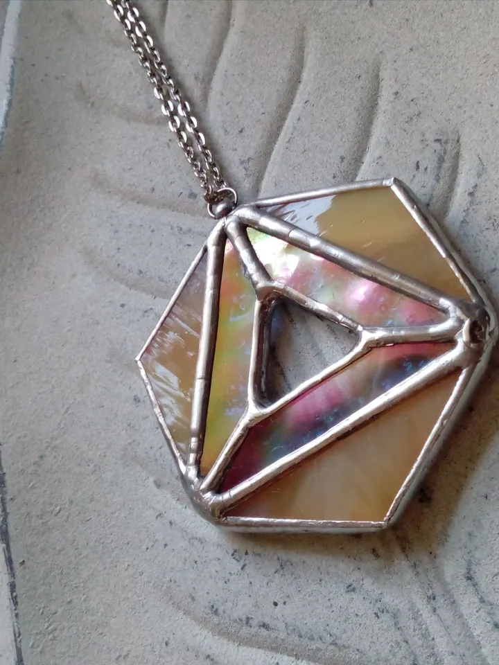 Iridescent stained glass, geometric pendant, Hexagon dichroic necklace, Stained glass cute necklace, Sacred geometry