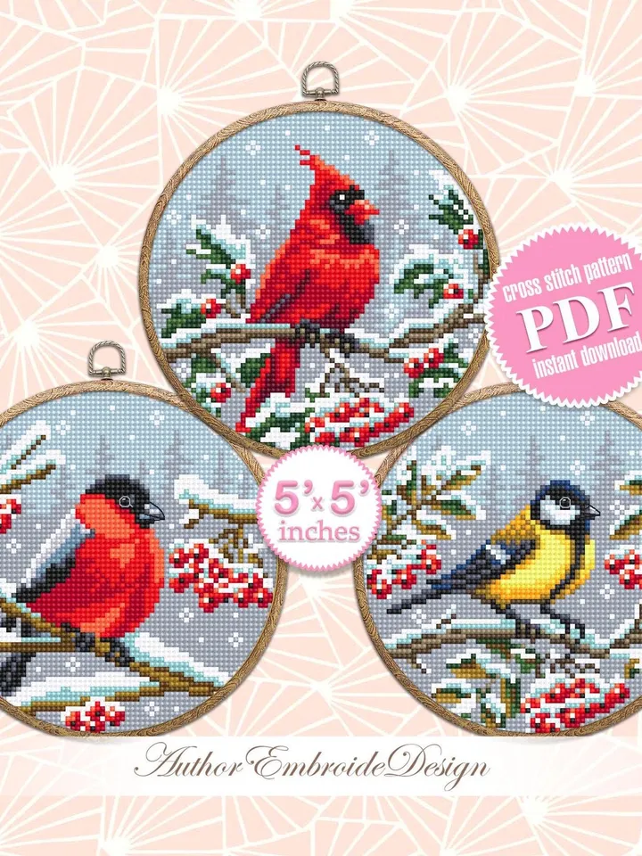 Set of 3 Winter birds cross stitch pattern PDF download Snow nature cross stitch chart, Christmas pattern digital PDF, Red Cardinal #K53