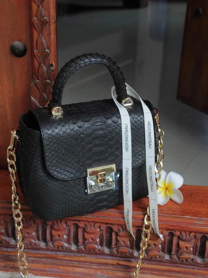 Genuine python top handle bag / designer bag / exotic leather bag / black purse exotic leather / snake print designer classy purse