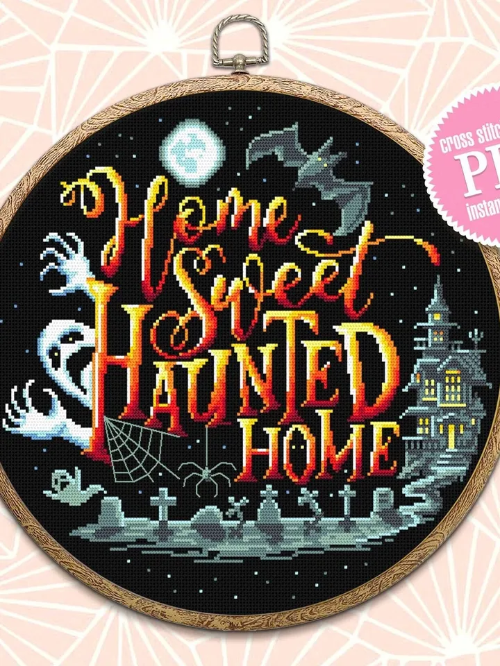 Halloween quotes cross stitch pattern download PDF, Horror cross stitch chart, Home sweet haunted home, Happy Halloween embroidery PDF #H37