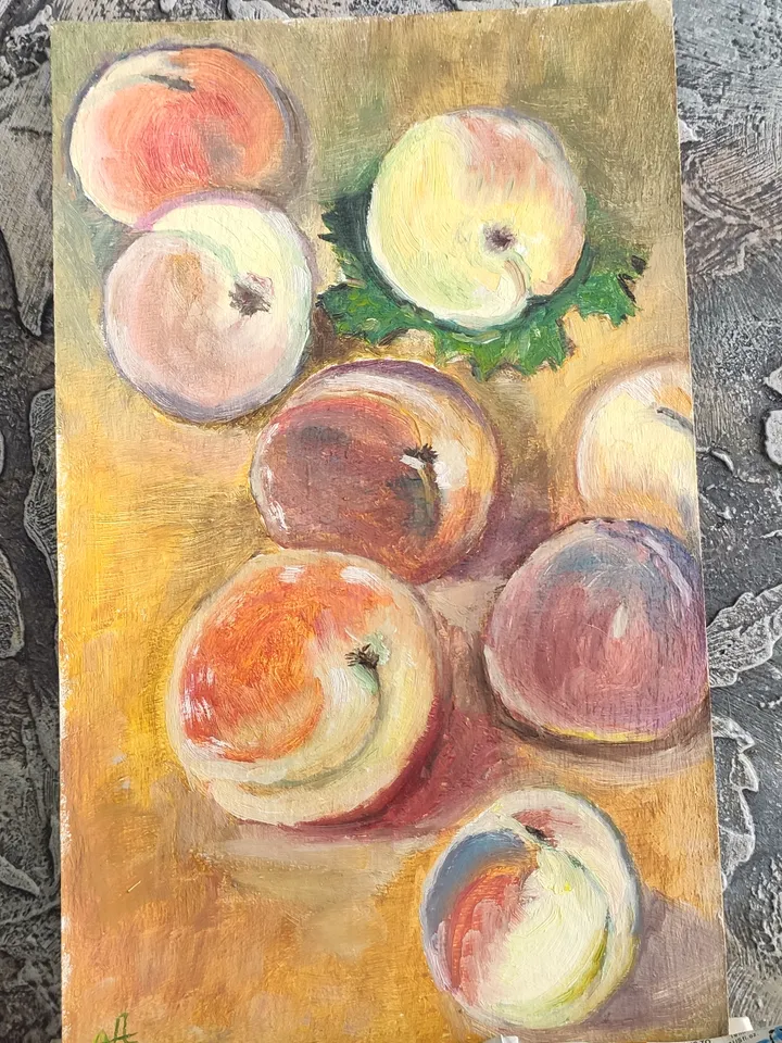 ripe peaches miniature painting oil fruits