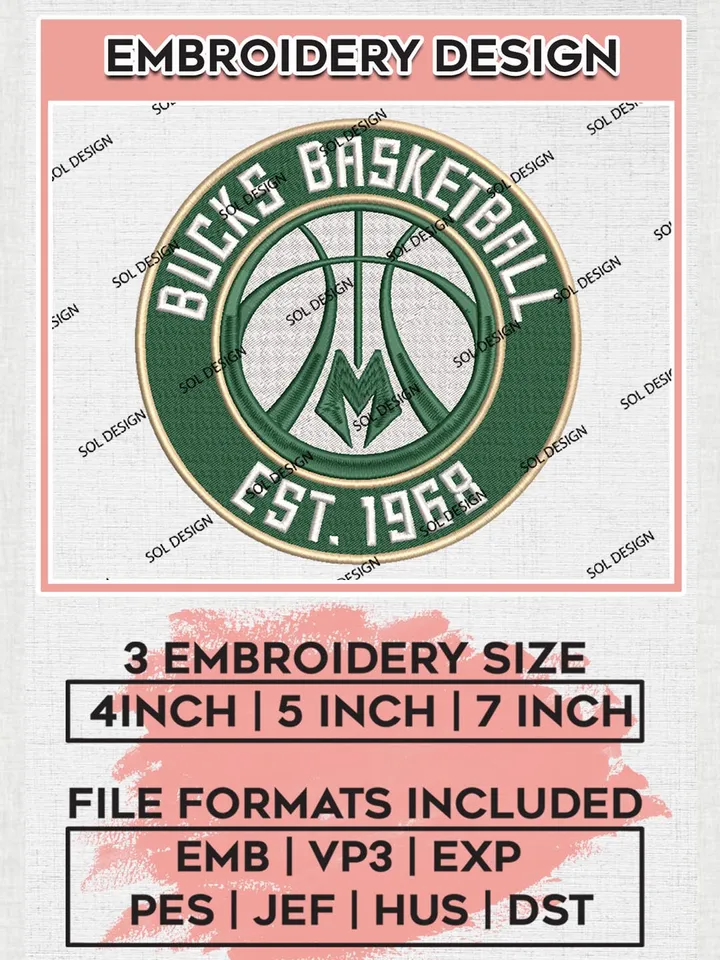NBA Milwaukee Bucks Est 1968 Machine Embroidery Designs, Milwaukee Bucks Embroidery Design Files, NBA Logo Machine Embroidery, NBA Embroidery Design, Digital Download