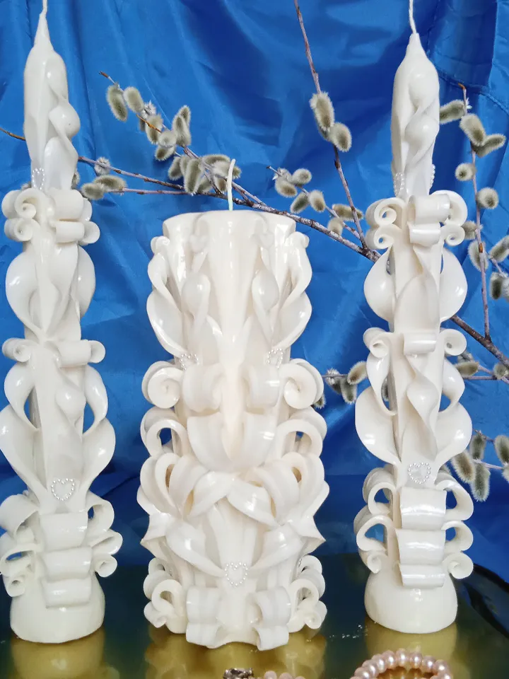 Carved candle set, Large candle height is 8 inches, two thin candles height is 9.8 inches