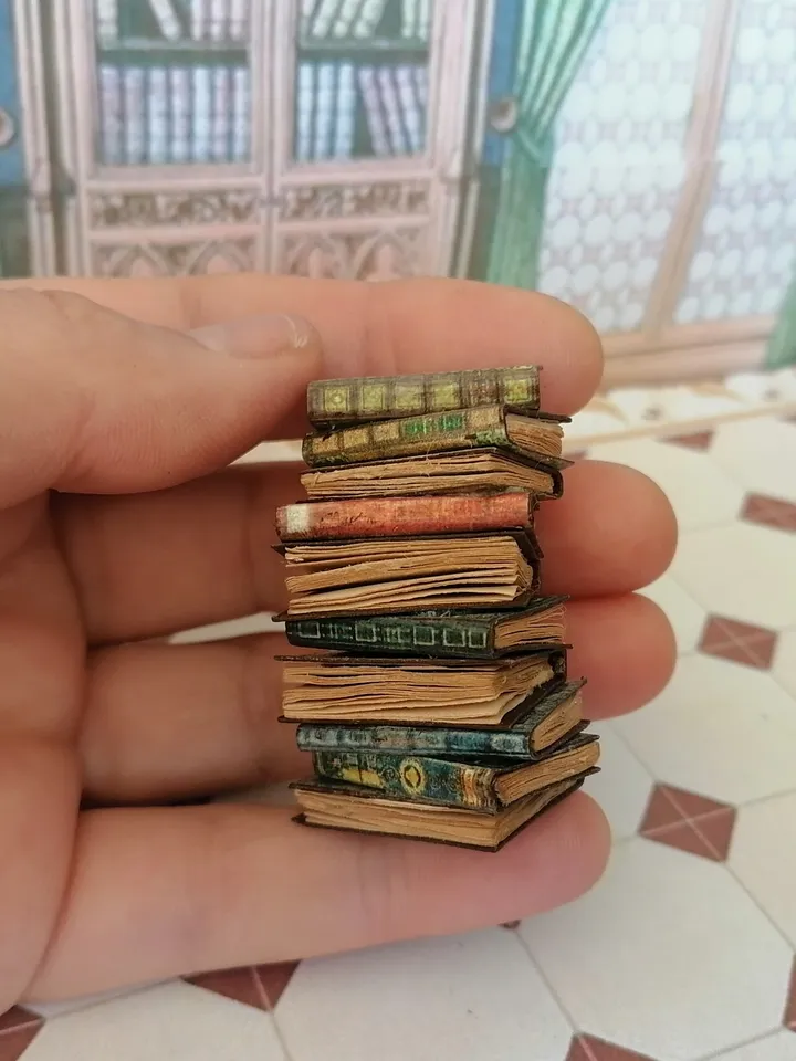 Stack of aged, vintage books. Imitation books. Dollhouse miniature. 1:12. Handmade.