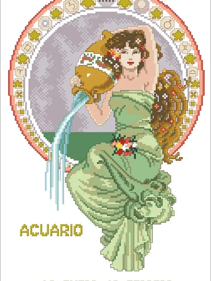 Vintage Cross Stitch Pattern Zodiac Sign Aquarius Counted Digital Download PDF