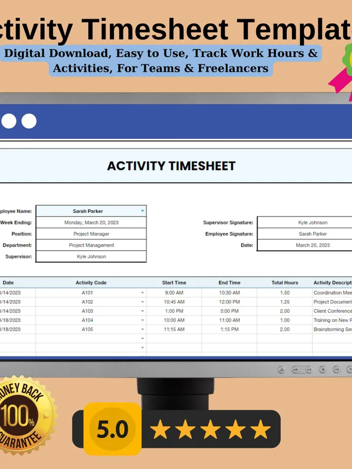 Activity Timesheet Template,Google Sheets Template, Digital Download, Easy to Use, Track Work Hours Activities, For Teams Freelancers