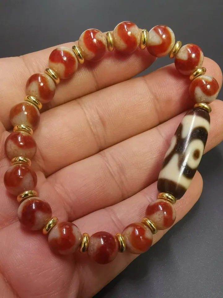 Gandhanra Tibetan Dzi Bead Bracelet,Fire Agate 3 Eyes Dzi Bead Bracelet,Protective Amulet Bead Jewelry