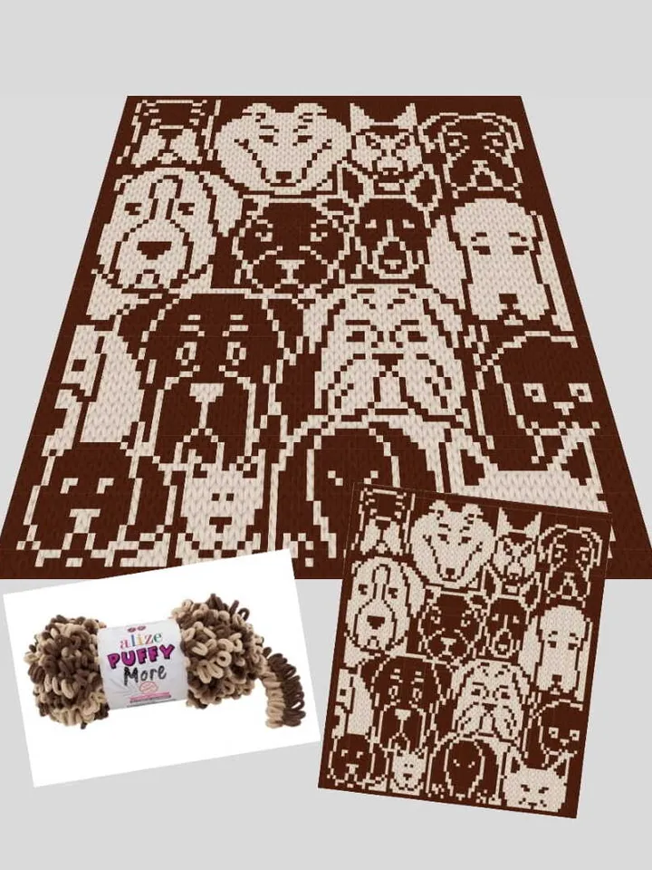Loop yarn Finger knitted Dogs Design blanket pattern