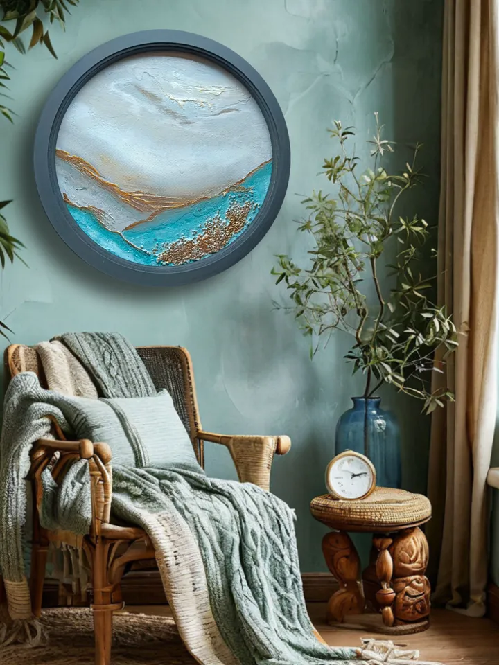 Round painting, Wall decor, round landscape, blue painting