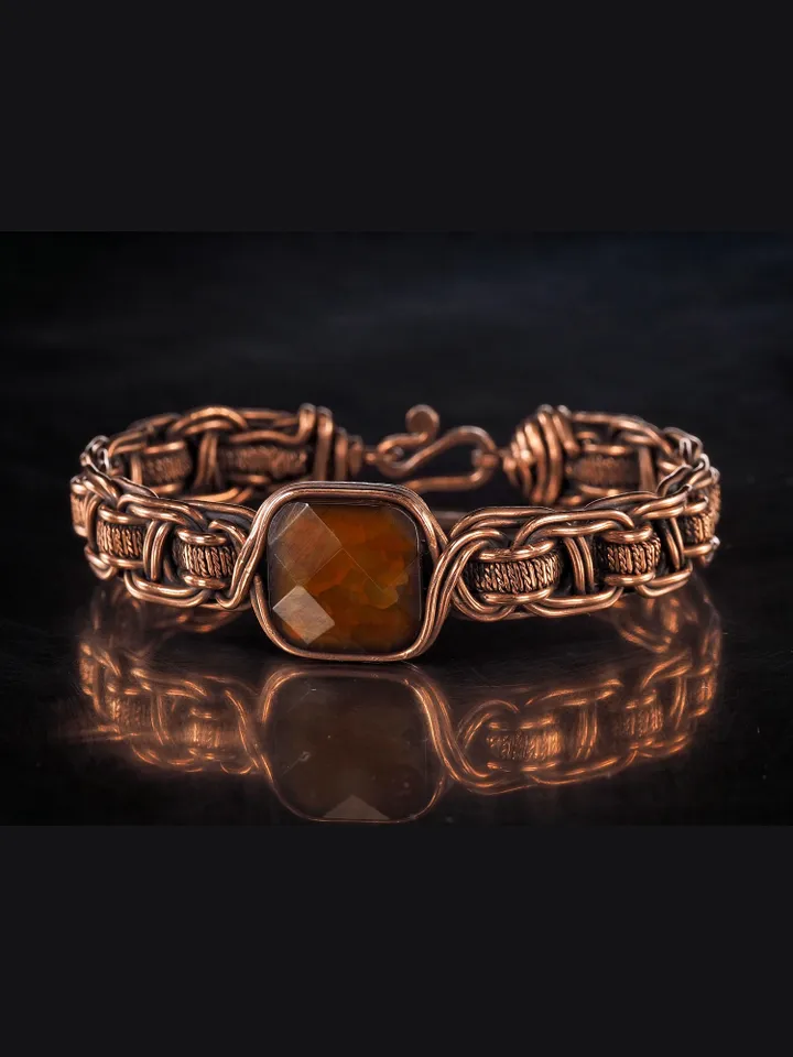 Copper wire wrapped brown agate bracelet Unique woven copper wire bangle