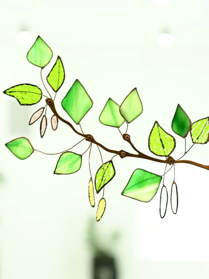 Birch Twig with Hanging Catkins, Birch Twig with Hanging Catkins, Stained Glass Birch Branch, Birch Branch with Drooping Catkins, Artistic Birch Twig Sculpture, Tiffany Glass Birch Decor