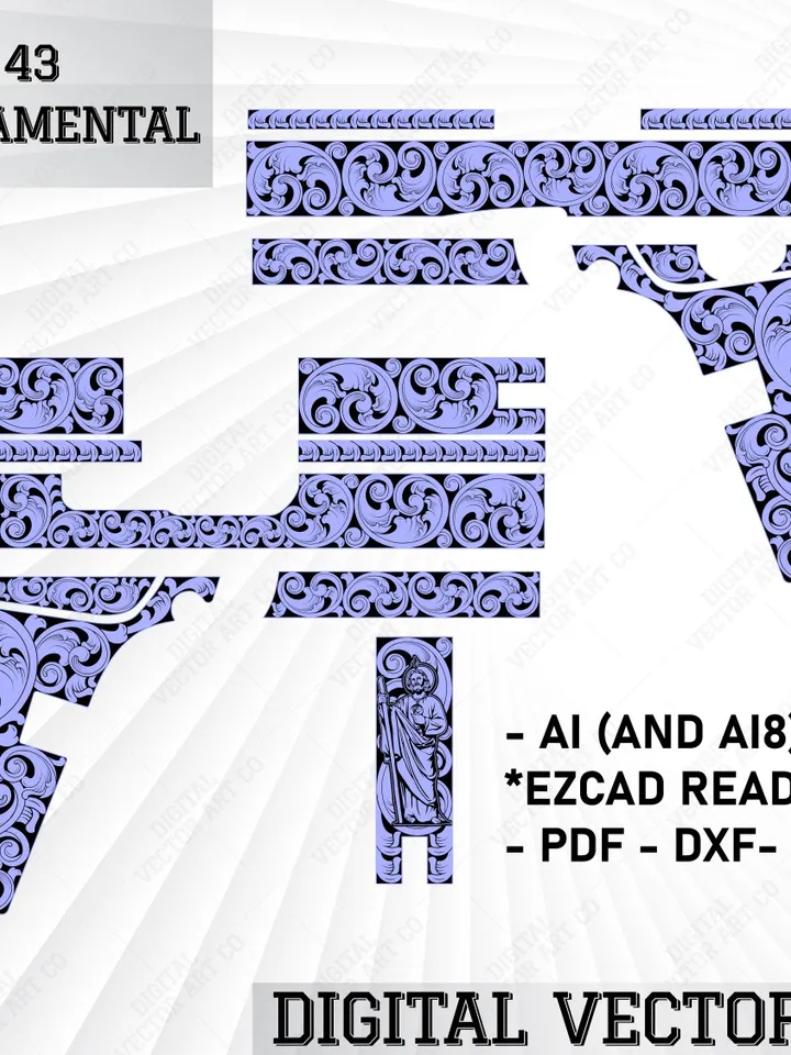 Glock 43 Engraving Design - Ornamental Scroll Style Design | Laser Engraving Cut File | Digital Download | Ezcad Ready Ai Svg Dxf Png File