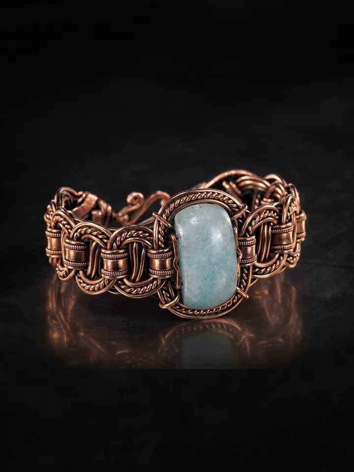 Copper wire wrapped aquamarine bracelet Unique bangle 7th Wedding Anniversary