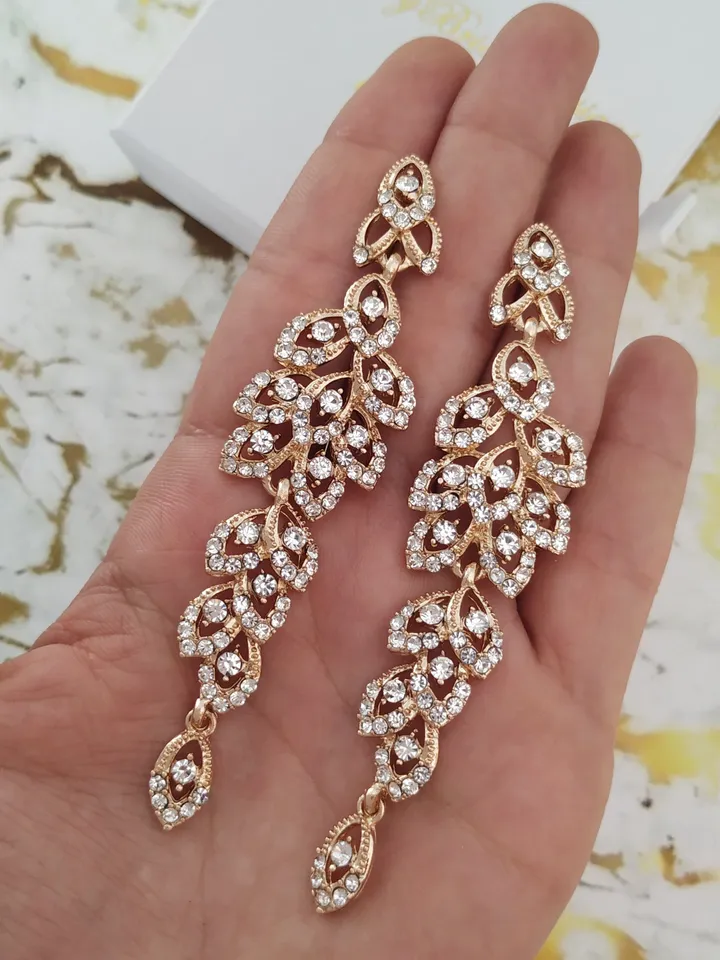 Boho Wedding Earrings, Leaf Earrings For Bride, Long Bridal Earrings, Swarovski Jewelry, Statement Earrings, Chandelier Earrings,Jewellery