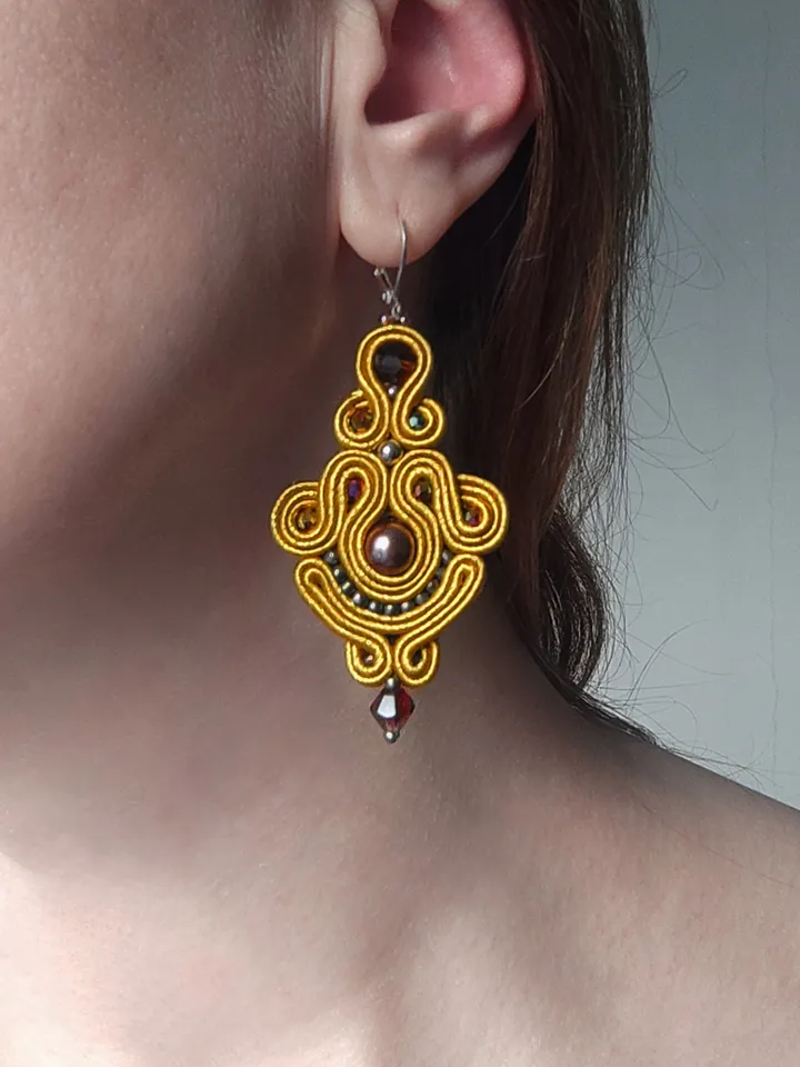 Golden earrings, Long dangle earrings, beaded embroidered soutache earrings
